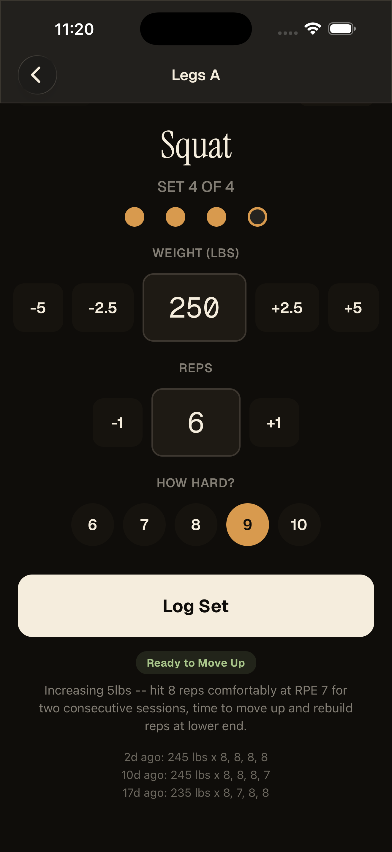Lifter app showing the set logging screen for Squat with weight, reps, RPE, and AI coaching notes